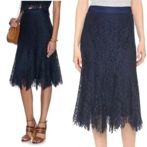 Rebecca Taylor Lace Fluted Midi Skirt Fit Flare Navy Blue Career Party Sz 4
